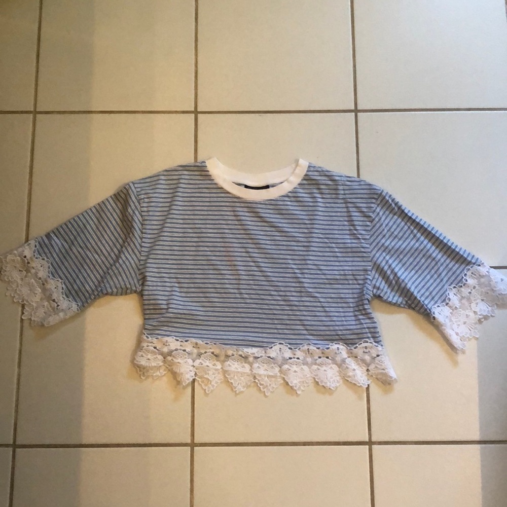 Topshop cropped lace blue and white pinstripe top